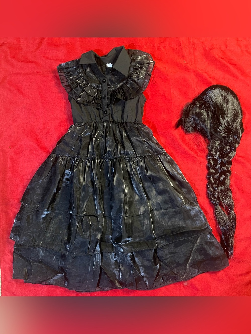 Girls Size 5 Black Gothic Ruffle Dress & Braided Wig Halloween Costume